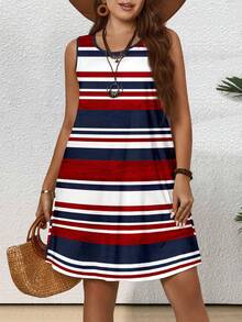 EMERY ROSE Plus Size Women Casual Minimalist Round Neck Sleeveless Striped Nautical Style Tennis Dress, Suitable For Summer - Multicolor - View 7