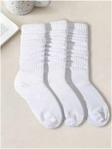 3pairs White Solid Color Basic Pile Heap Socks Mid-Length - White - View 2