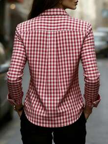 Camisa de poliéster a cuadros rojos esencial para mujer, de manga larga regular, con diseño de botones, estilo casual de otoño - Burdeos - Ver 4