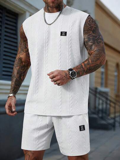 EGENSIO Conjunto casual de chaleco y pantalones cortos con cuello redondo de textura jacquard estriada para hombre