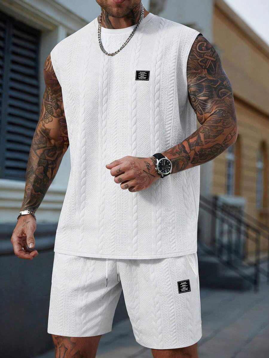 Manfinity Homme Conjunto casual de hombre con chaleco de cuello redondo acanalado con textura jacquard y pantalones cortos, conjunto de camiseta de tirantes para hombre, vacaciones - Blanco - Ver 1