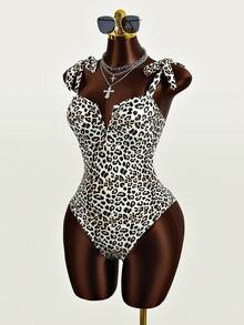 Zestiva Women's Leopard Print Knotted Shoulder Sexy One Piece Swimsuit, Vacation Style For Summer - Multicolor - View 4