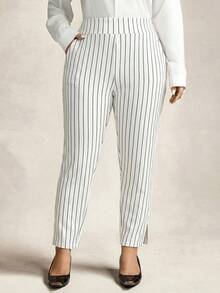 Zelara 大码女式休闲新年条纹印花通勤裤，带口袋，秋冬时尚休闲宽松舒适日常大码女裤，大码条纹裤，高弹力女裤 - 白色 - 查看 5