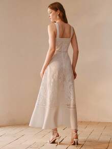 MOTF PREMIUM LIGHTWEIGHT ELEGANT WHITE STRAPS LACE TRIM FLARED HOLLOW OUT DRESS FOR WOMEN, SPRING/SUMMER - White - View 2