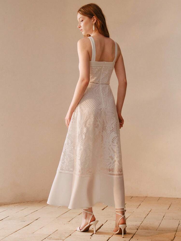 LIGHTWEIGHT ELEGANT WHITE STRAPS LACE TRIM FLARED HOLLOW OUT DRESS FOR WOMEN, SPRING/SUMMER