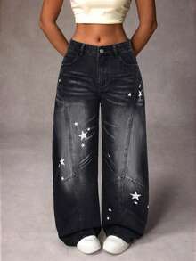 SHEIN Women's Fashion Versatile Loose Wide Leg Flare Jeans - Black - View 5