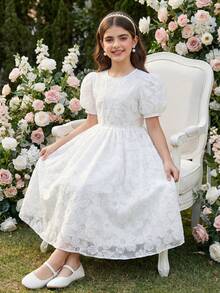 SHEIN 优雅的白色网纱刺绣花卉公主裙，时尚迷人，适合外出、派对、节日和度假。 - 白色 - 查看 5