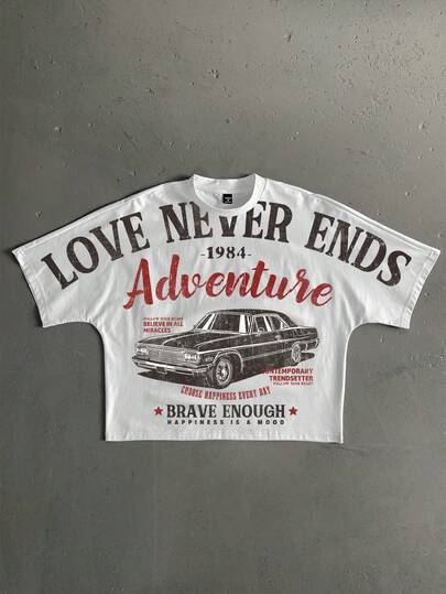 StoneGrade 复古美式汽车海报印花宽松短款蝙蝠袖男士T恤，约会聚会必备，时尚情侣礼物，送给男友的理想之选