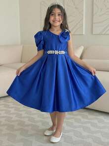 SHEIN Vestido elegante con hombro asimétrico, estampado gráfico y manga gigot para niña preadolescente - Negro - Ver 4