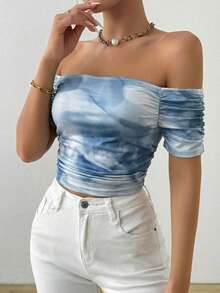 Glamine Áo thun tay ngắn trễ vai xếp ly, in họa tiết nhuộm tie-dye thanh lịch, thích hợp cho mùa hè. - Màu xanh bụi bặm - Xem 3