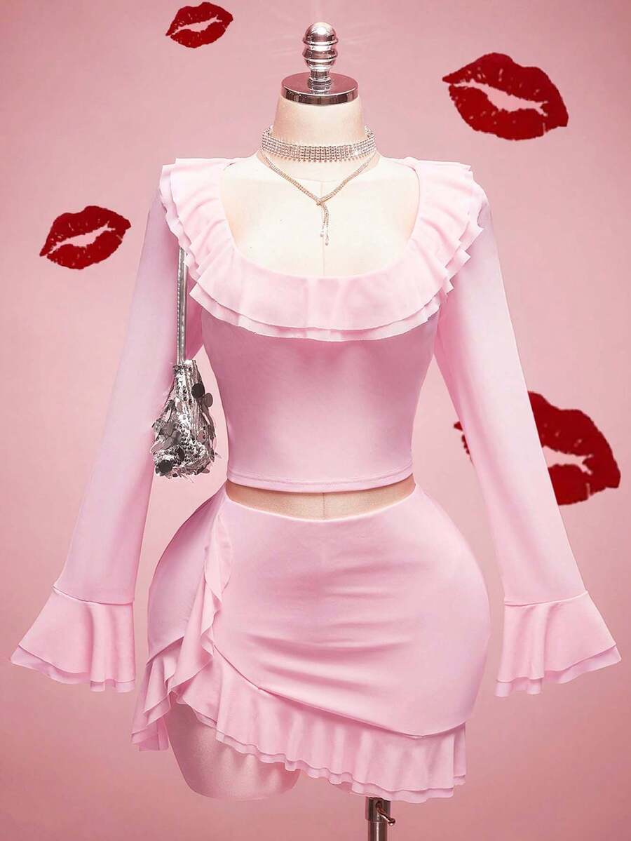SHEIN ICON Große Größen Rosa Rüschen Kragen Mesh Langarm Top, Rüschen Schlitz Midi Rock 2-teiliges Set, Valentinstag Date Night 2-teiliges Set, geeignet für Dates, Rosa 2-teiliges Set - Babypink - Übersicht 1