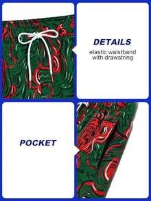 Horizaway 男士时尚全印花沙滩短裤，夏季男士图案泳裤，绿色男士泳裤，绿红抽象泳裤，男士红色街头风泳裤 - 紅色 - 查看 4