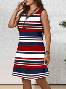 EMERY ROSE Plus Size Women Casual Minimalist Round Neck Sleeveless Striped Nautical Style Tennis Dress, Suitable For Summer - Multicolor - View 4