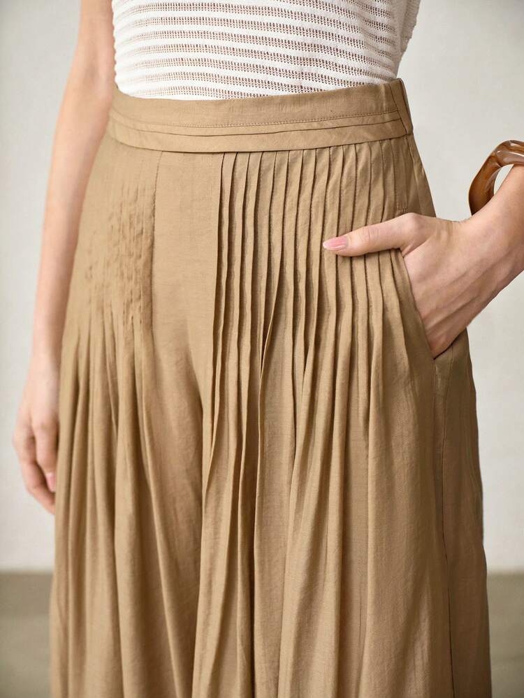 WOMEN'S RAYON KHAKI PLEATED WIDE LEG LIGHTWEIGHT FLOWING PANTS