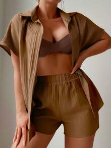 Swim Basics 女士夏季度假纯色短袖和服罩衫及短裤套装 - 棕色 - 查看 5