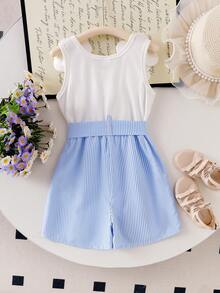 SHEIN Elladie kids 女童碎花吊带腰带蓝白连体裤，甜美舒适，碎花腰带，夏季女童休闲装 - 藍白色 - 查看 2