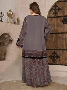 SHEIN Najma 大码女式V领系腰印花优雅阿拉伯风格长袖连衣裙，春季 - 彩色 - 查看 2