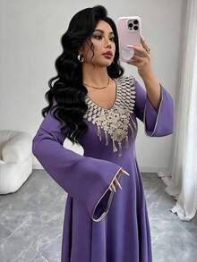 Al Najma Women's Elegant V-Neck Long Sleeve Arabic Style Dress - Purple - View 9