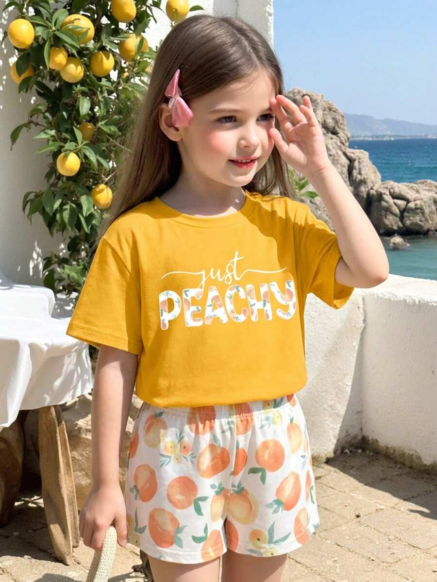2件套女婴清爽蜜桃字母印花短袖上衣+数码蜜桃图案短裤，轻盈可爱水果风套装，夏季穿着 - 彩色 - 查看 1