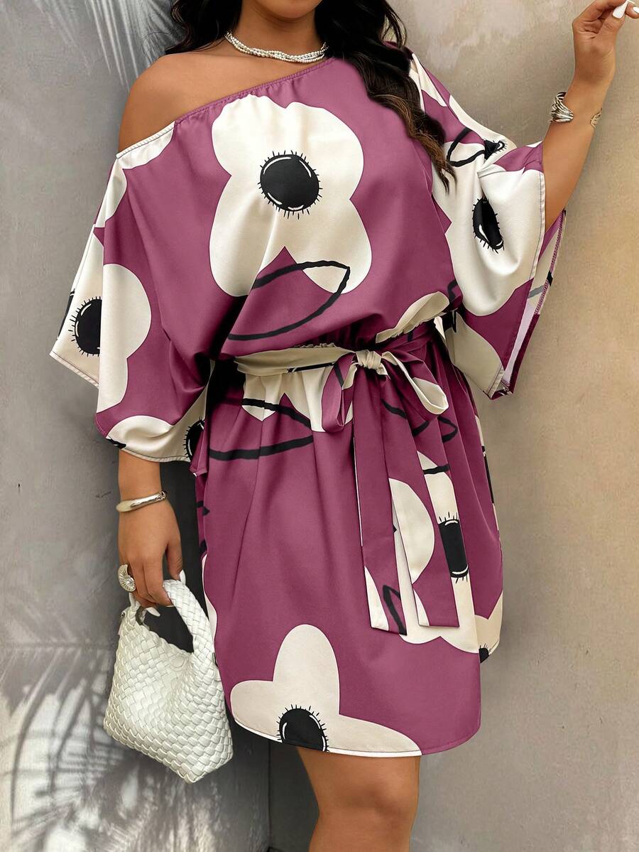 SHEIN LUNE 大码女式碎花不对称肩部休闲度假连衣裙 - 彩色 - 查看 1