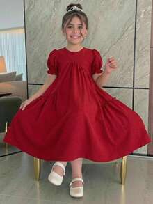 Tween Girl Loose Elegant Split Design Round Neck Puff Sleeve Dress - Red - View 2