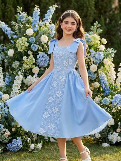SHEIN 1pc Girls' Elegant Floral Jacquard Spaghetti Strap Removable Bow Decor Fitted Zipper Back Dress, Suitable For Daily Wear, Gathering, Party, Formal Occasion