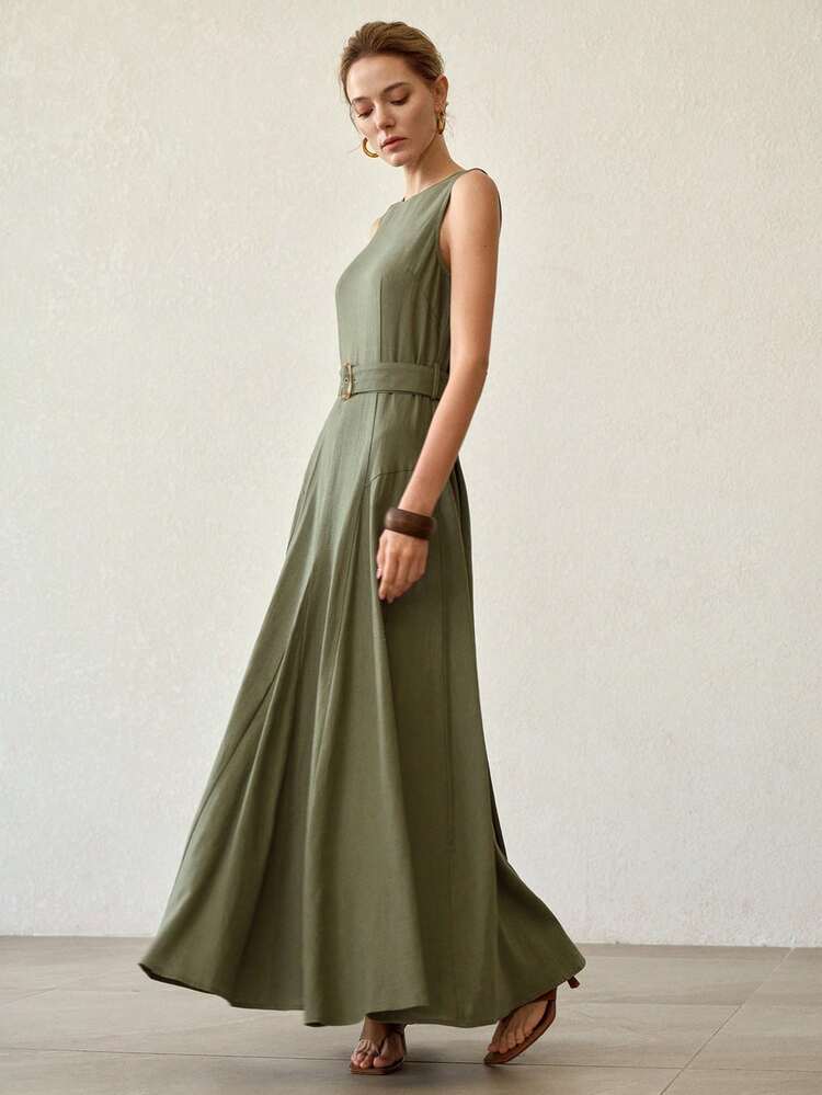 WOMEN'S LONG LINEN ROUND NECK SLEEVELESS FLARED HEM SPLIT WAIST CLASSIC ELEGANT VERSATILE VACATION PASTORAL ELEGANT DRESS, SPRING/SUMMER
