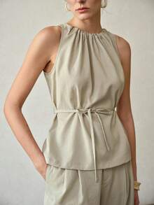 MOTF PREMIUM Elegante y de moda, conjunto de 2 piezas de top sin mangas con pliegues plegados y cinturón, con pantalones de pierna ancha, para verano - verde menta - Ver 2