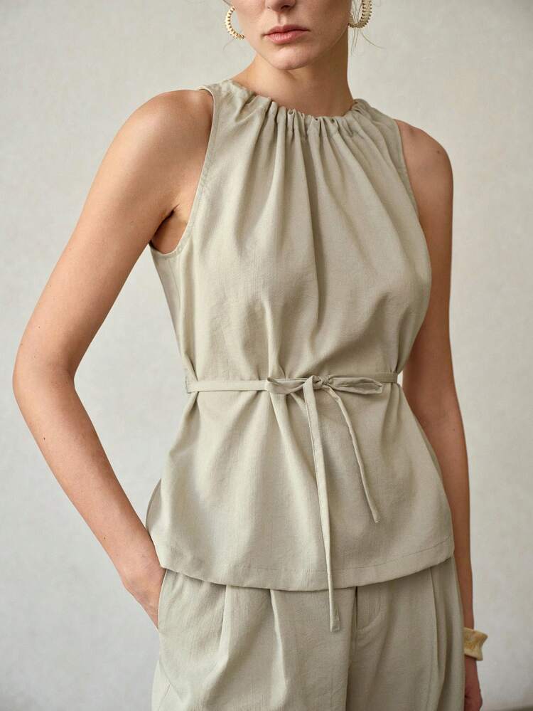 ELEGANT FASHIONABLE FOLD PLEATED BELTED RELAXED FIT SLEEVELESS TOP & WIDE LEG PANTS 2 PIECES SET, SUMMER