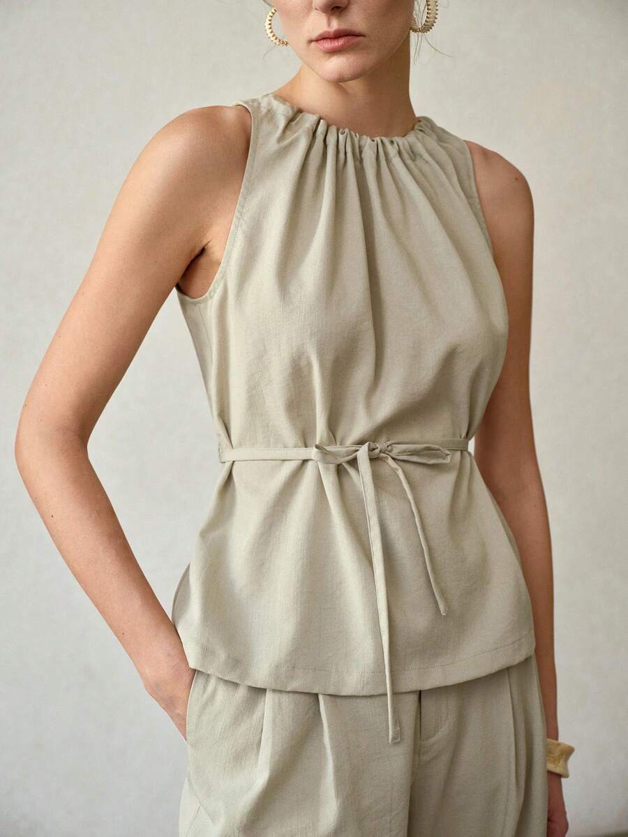 MOTF PREMIUM 优雅时尚褶裥腰带宽松无袖上衣和阔腿裤两件套，夏季 - 薄荷綠 - 查看 2