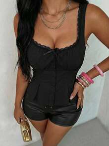 Glamine Black Lace Trim Ruffle Button Up Camisole Top - Black - View 5