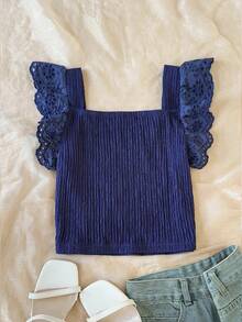 SHEIN Tween Girl Casual Square Neck Ruffle Trim Textured Fabric Camisole - Blue - View 2