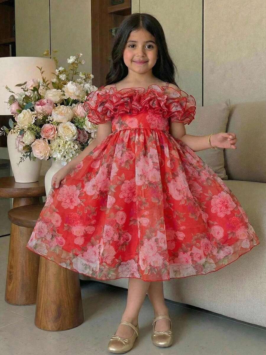 SHEIN Vestido midi floral con hombros descubiertos y volantes en la cintura para niña preadolescente elegante - Rojo - Ver 1