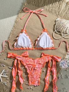 Swim Mod Bộ 2 món gồm áo bikini tam giác và quần bikini buộc dây bên hông, họa tiết hoa ngẫu nhiên, trang trí nơ, viền ren, đồ bơi gợi cảm, bộ bikini phong cách Boho mùa xuân/hè, bikini màu san hô, bikini móc len, bộ đồ bơi hai mảnh đi biển, bikini hình sao biển. - Nhiều màu - Xem 2