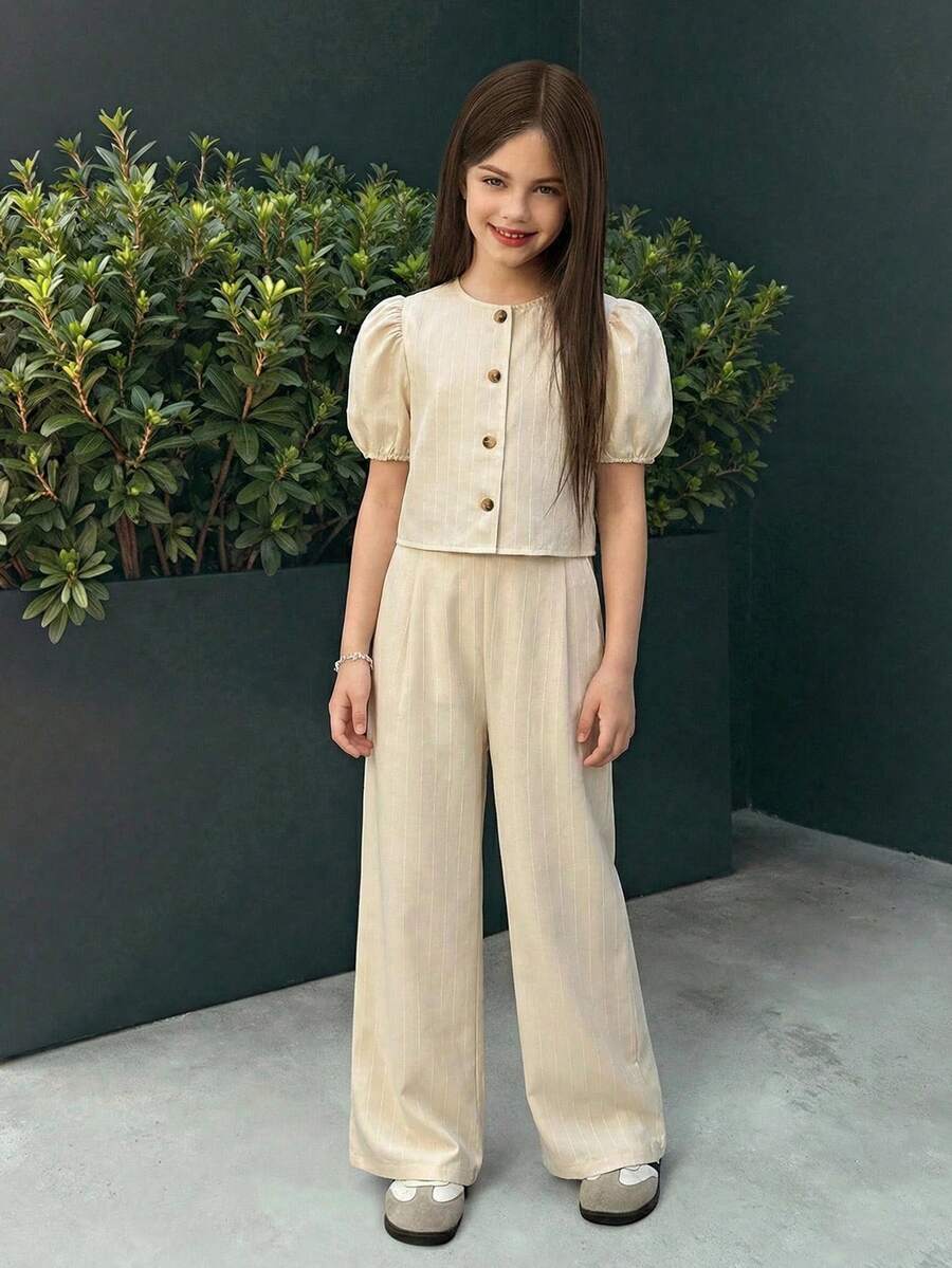 SHEIN Tween Girl Casual Striped Puff Sleeve Button-Up Top And Wide Leg Pants Set, Spring/Summer - Apricot - View 1