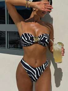 Swim SXY 2pcs/Set Women's Bikini Swimsuit, Zebra Animal Print Bandeau Top & High Cut Bottoms, Sexy & Minimalist, Gold Accent Tie, Suitable For Swimming, Vacation, Pool, Beach, Party - Black - View 1