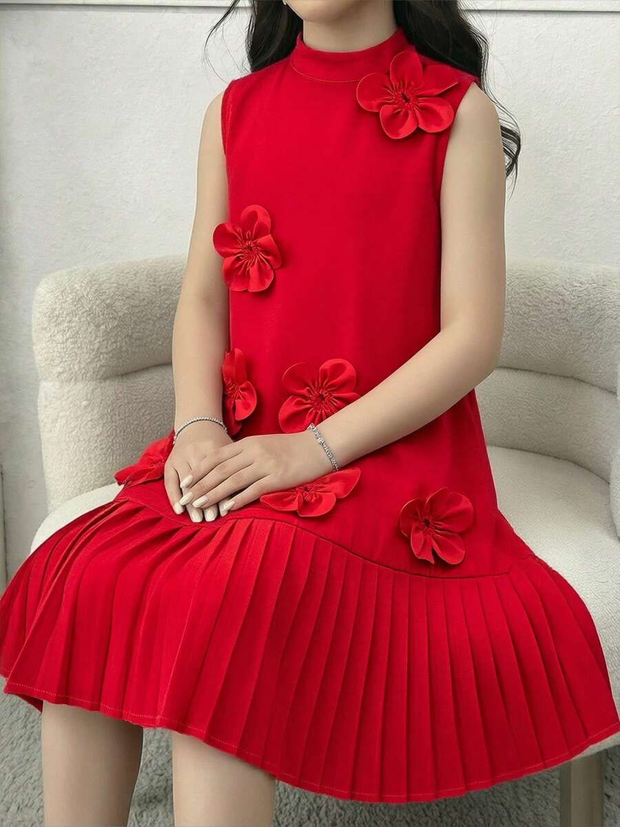 少女春夏休闲优雅通勤立领修身褶皱A字纯色无袖梭织连衣裙，红色，适合婚礼、派对、节日和聚会等场合 - 紅色 - 查看 1