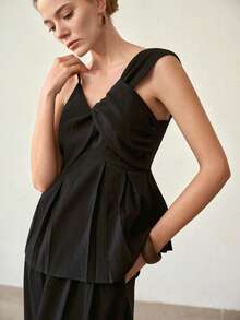 MOTF PREMIUM WOMEN'S ASYMMETRIC SHOULDER SLEEVELESS BABYDOLL DENIM TOP AND WIDE LEG JEANS TWO PIECES SET - Blue - View 2