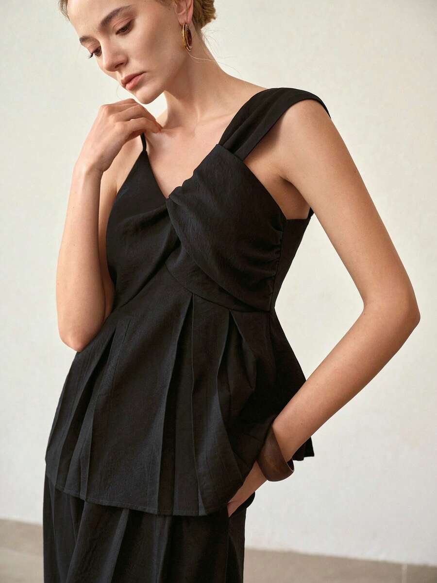 MOTF PREMIUM 女士不对称肩部无袖娃娃衫牛仔上衣和阔腿牛仔裤两件套 - 藍色 - 查看 1