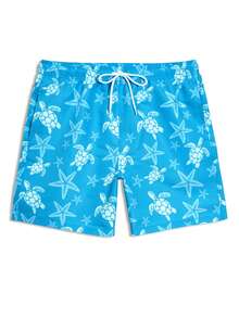Manfinity Swimmode Men's Boho Baby Blue Beach Shorts With Turtle And Starfish Print Triangle Lining And Pockets,Hawaiian - Baby Blue - View 3