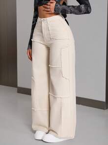 EMERY ROSE Plus Size Women High Waist Frayed Hem Wide Leg Loose Casual Jeans - Beige - View 1