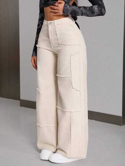 EMERY ROSE Plus Size Women High Waist Frayed Hem Wide Leg Loose Casual Jeans