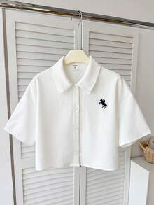 SHEIN 少女纯白衬衫，饰有刺绣装饰，纯白短袖上衣，适合日常穿着、返校季以及春夏日常穿着。 - 白色 - 查看 4