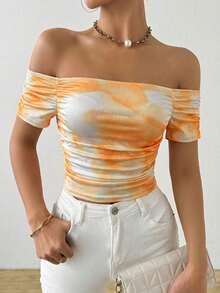 Glamine Women's Tie-Dye Print Fashion Off-Shoulder Ruched Short Sleeve T-Shirt - Orange - View 4