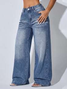 SHEIN Jeans rectos y sueltos de moda para mujer - Azul lavado medio - Ver 3