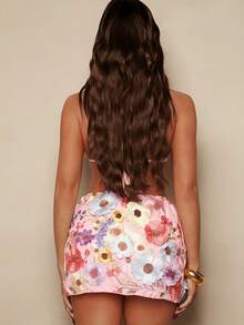 Swim SXY 3pcs Floral Embroidered Bikini Set With Ruffle Skirt - Multicolor - View 2