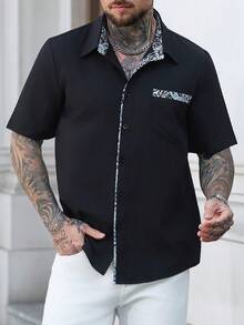 Manfinity Homme Men's Paisley Pattern Patchwork Black Short Sleeve Shirt - Black - View 4