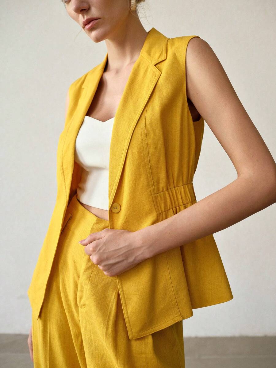 MOTF PREMIUM WOMEN'S LEMON YELLOW SINGLE BUTTON WAIST CINCHED ELEGANT OFFICE BLAZER - Yellow - View 2