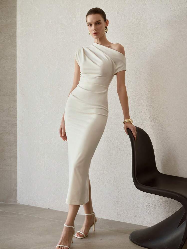 WOMEN'S APRICOT ASYMMETRICAL SHOULDER WAIST CINCHED ELEGANT MID-LENGTH DRESS