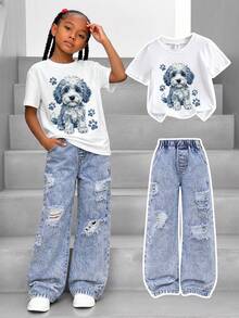 Set de 2 piezas para niñas pequeñas: Blusa de manga corta con cuello redondo y estampado de cachorrito + Pantalones vaqueros elásticos a la cintura desgastados, adecuado para primavera/verano, actividades diarias, al aire ocio - Multicolor - Ver 3